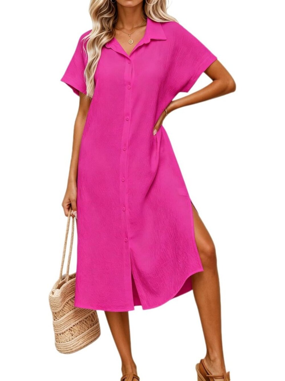 Women's Hot Pink Polyester Coverup Button Down Shirt Beach Cover Up Short Sleeve